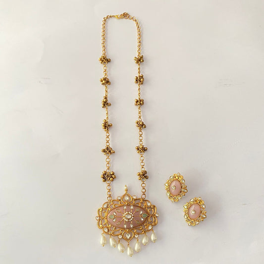 Rose Quartz Gold Plated Polki Necklace Set