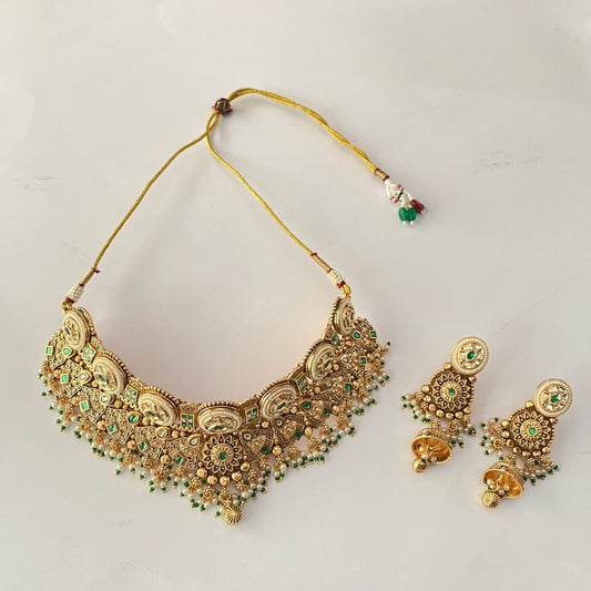 Gold Plated Kundan Green Necklace Set