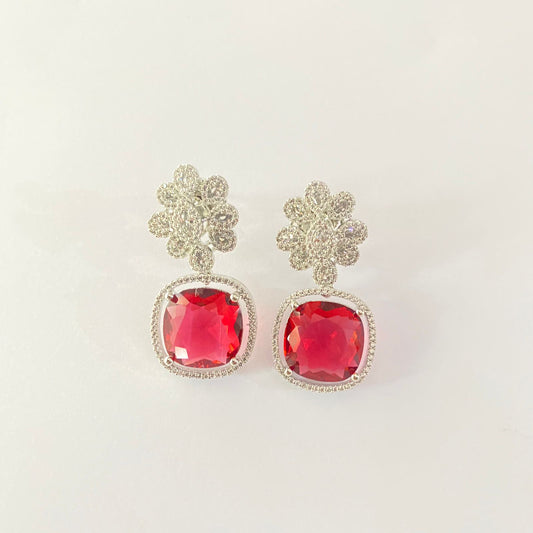 Red Stone A.D Silver Plated Earring