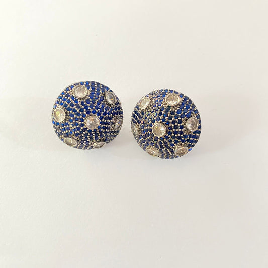 Round Blue Stone Victorian Back Clip Stud Earring