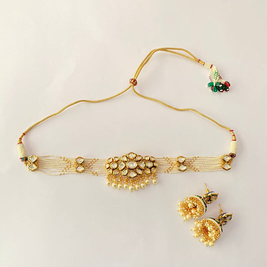 Kundan Gold Plated White Beads Choker Set