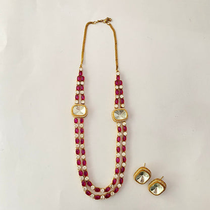 Moissanite Double Line Ruby Polki  Necklace Set