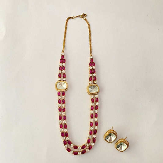 Moissanite Double Line Ruby Polki  Necklace Set