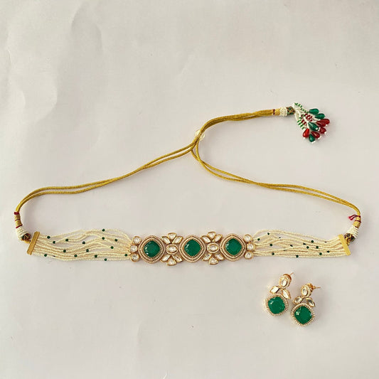 Green Gold Plated Kundan Choker Set