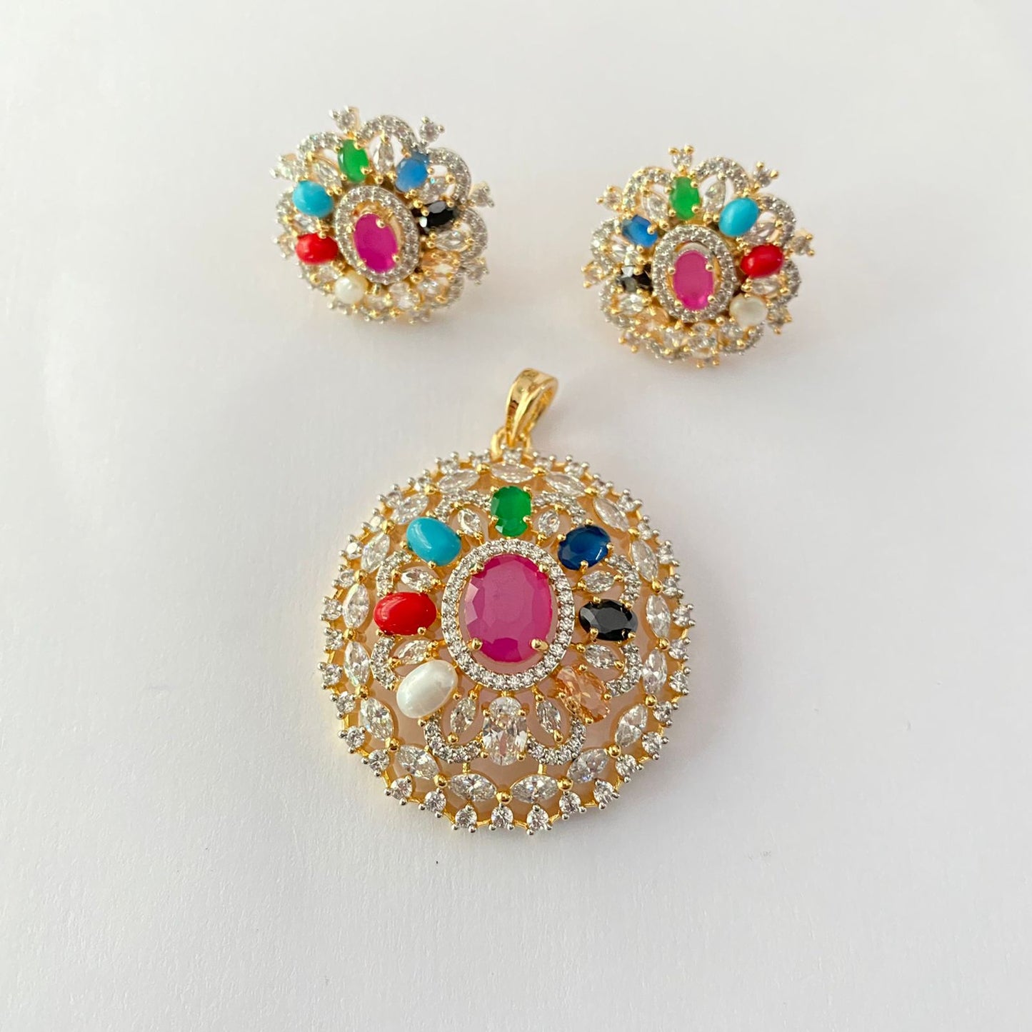 Multi Stone A.D Stone Gold Plated Round Pendant