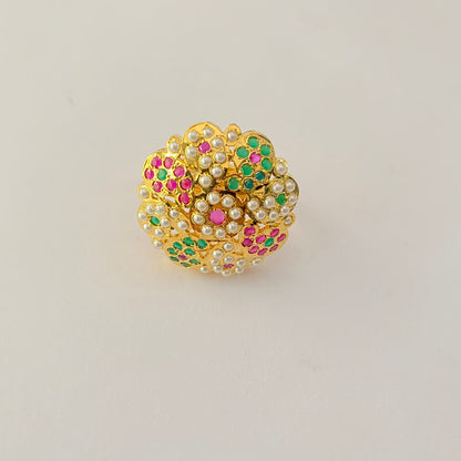 Multi Stone Floral  Gold Plated Jadau Adjustable Ring