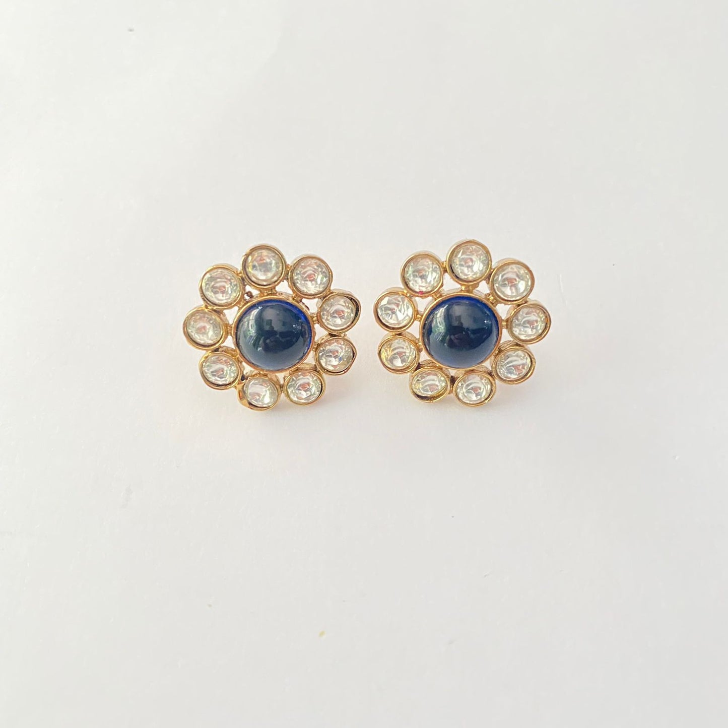 Blue Stone Antique Gold Plated Floral Stud Earring