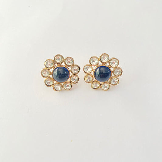 Blue Stone Antique Gold Plated Floral Stud Earring