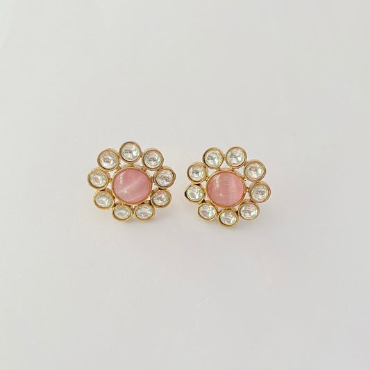 Pink Stone Antique Gold Plated Floral Stud Earring