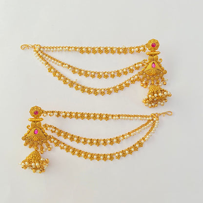 Ethnic  Ruby Stone Antique Gold plated With pearl 3 layer Kaan chain Dangler  Earring