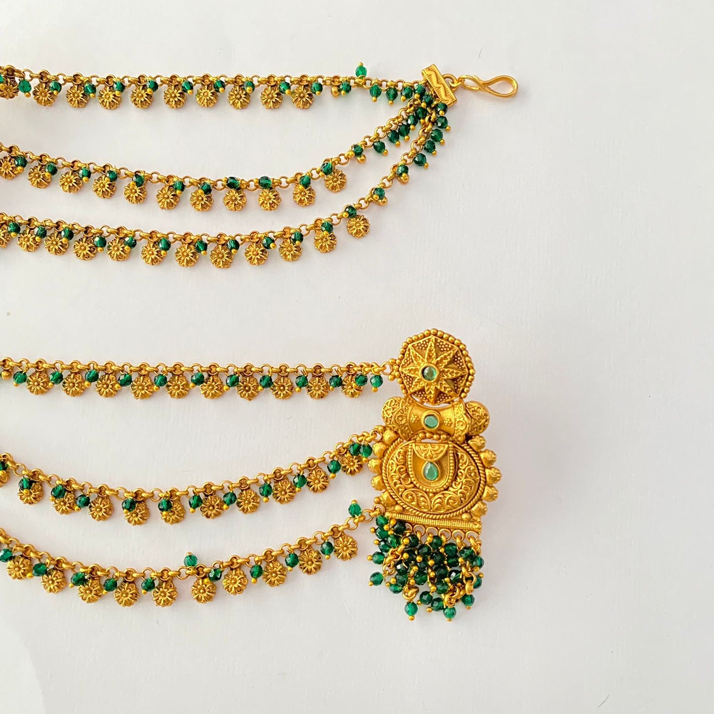 Traditional green Beads layered antique Gold Plated Earring