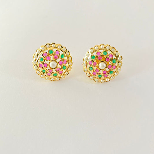 Ruby & Green With Pearl Round Gold Plated Stud Jadau Earring