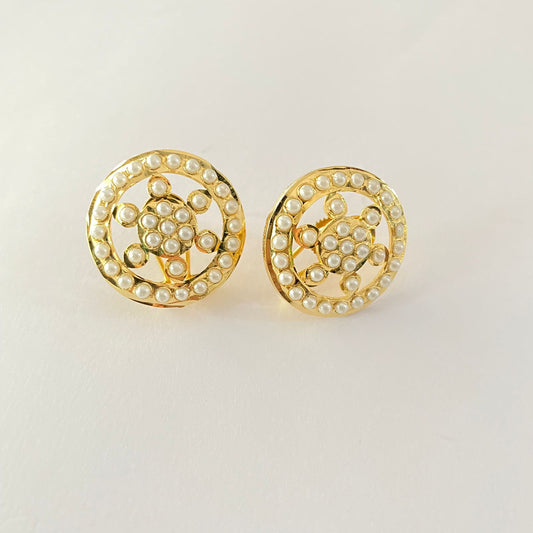 White Pearl Gold Plated Round Back Clip Jadau Stud Earring