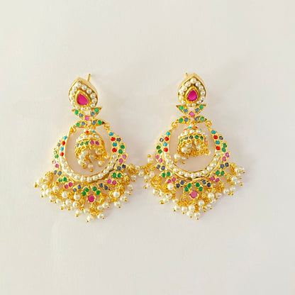 Traditional Multi  Stone Long Jadau Earring