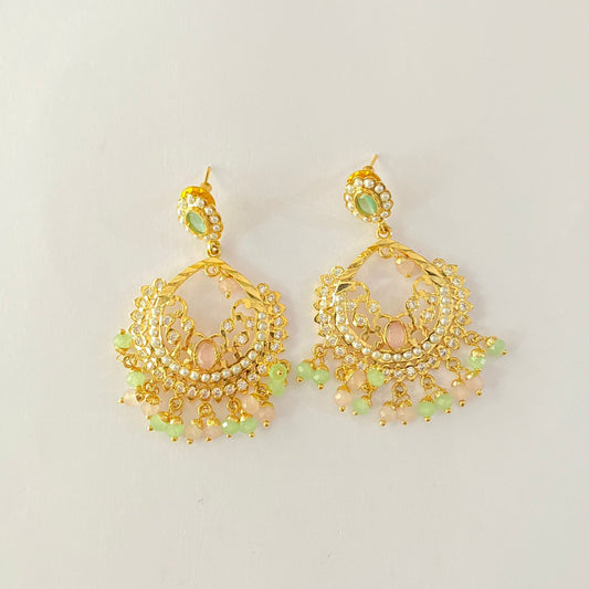 Ethnic Pink & Green Stone Jadau Chandbali Earring