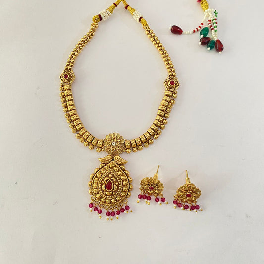 ETHNIC Pink Drop antique Gold Plated Necklace