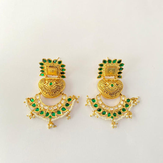 Ethnic Gold Plated Green Stone Dangler Earring