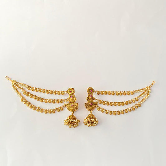 Antique Gold Ethnic Ruby Kaan Chain Jhumka