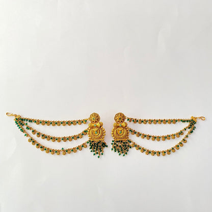 Traditional Green Beads Antique Gold Kaan Chain Earring