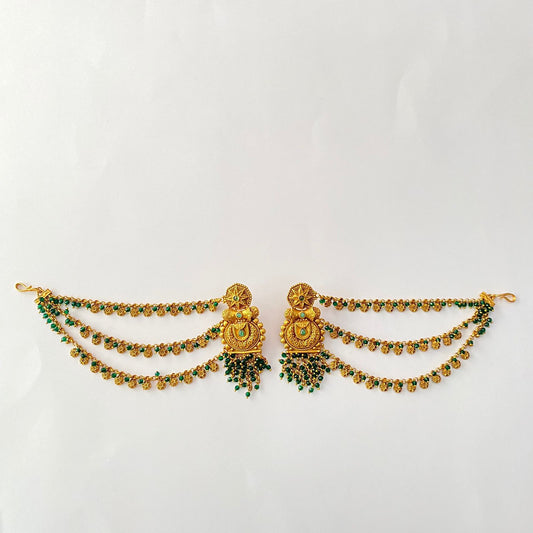 Traditional Green Beads Antique Gold Kaan Chain Earring