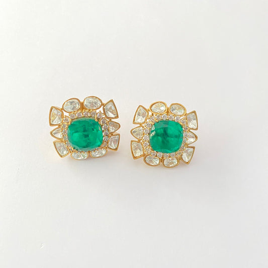 Square green Stone Back Clip Stud Earring
