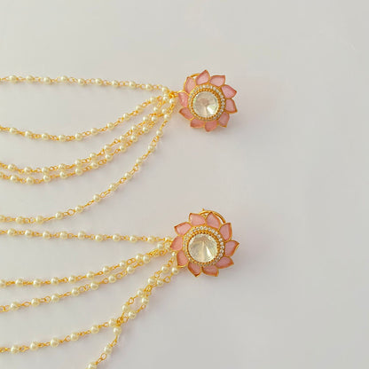 Pink with polki  floral with kaan chain  Stud Earring