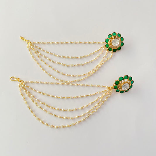 Green Floral Polki With Kaan Chain Stud Earring