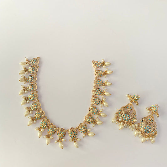 Firoza Gold Plated Drop Pearl Sleek Jadau Necklace Set