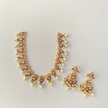Ruby Gold Plated Jadau Sleek Necklace Set