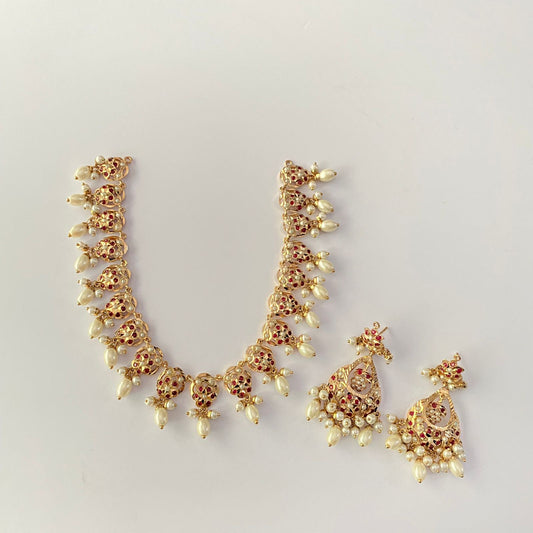 Ruby Gold Plated Jadau Sleek Necklace Set
