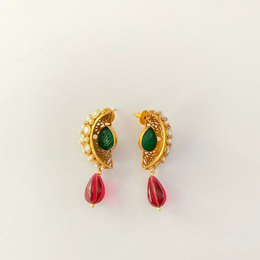 Gold Plated Drop Ruby Green Moissanite Earring