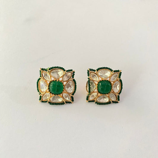 Gold Plated Polki Green Stud