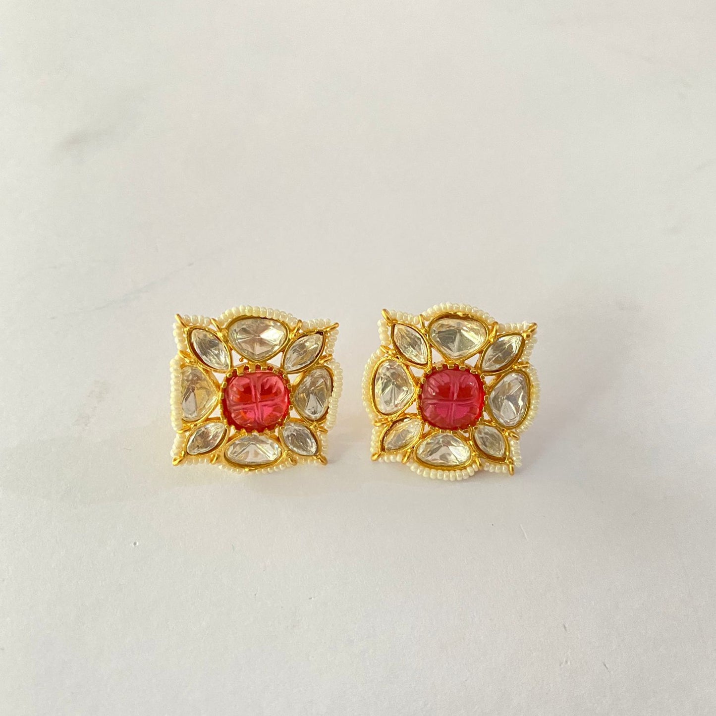 Polki Gold Plated Ruby Stud