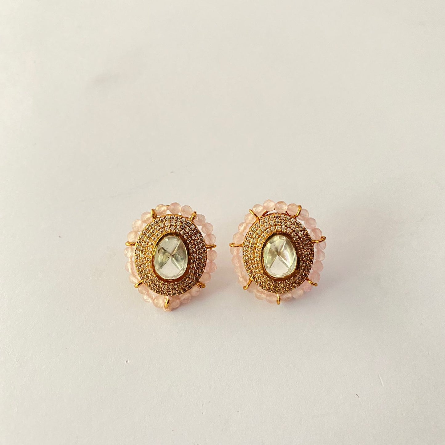 Polki Gold Plated Rose Quartz Stud
