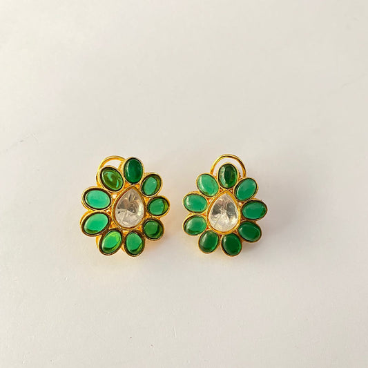 Gold Plated Green Polki With Back Clip Stud