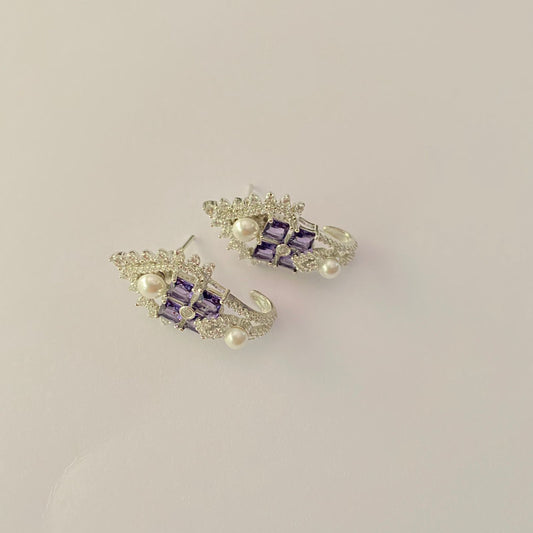 Purple Stone A.D Silver Plated Pearl Earring