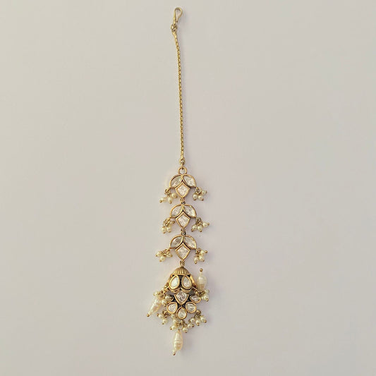 Antique Gold Plated Polki with pearl Drop Mangtika