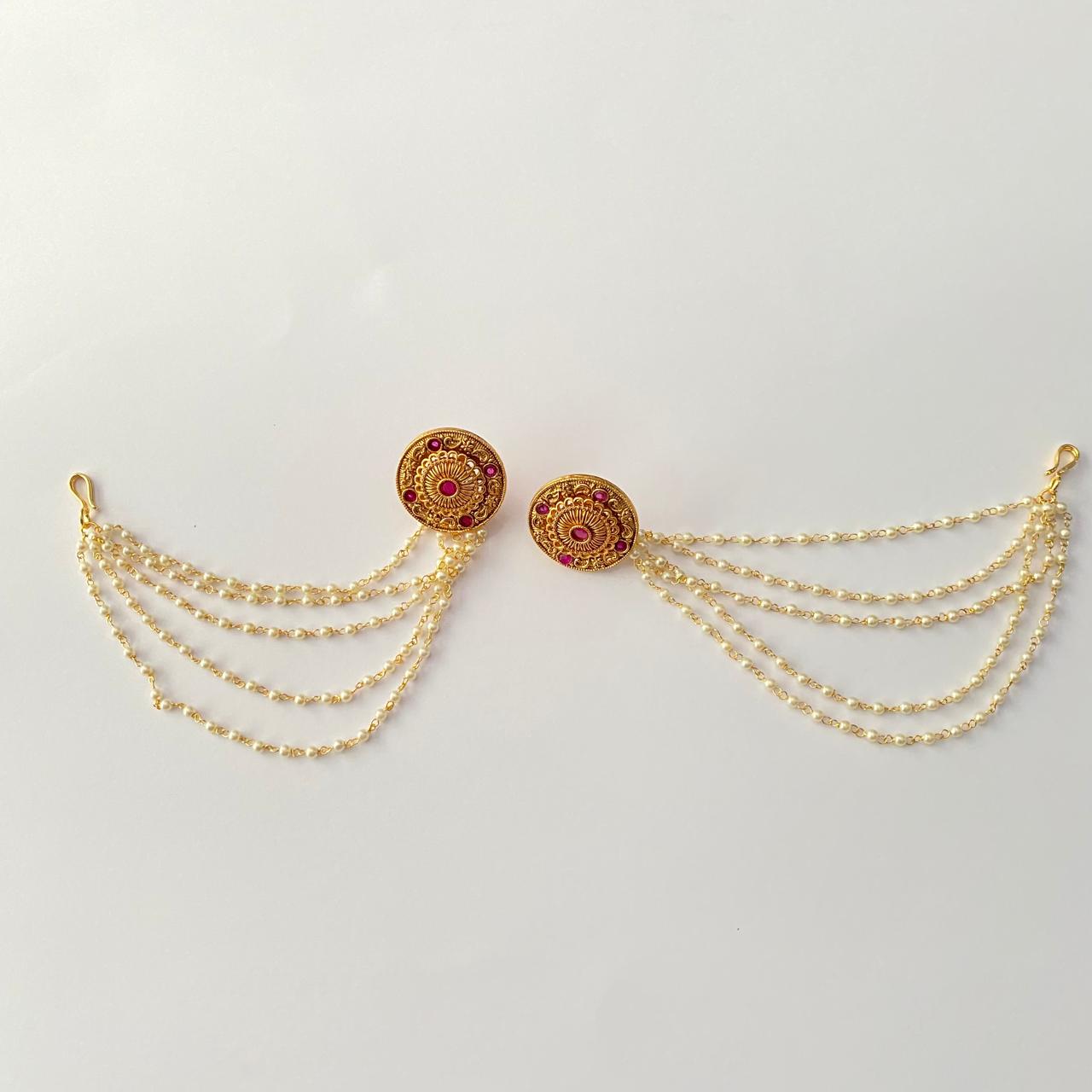 Gold Plated  Ruby Pearl four  layer Ear Chain Earring