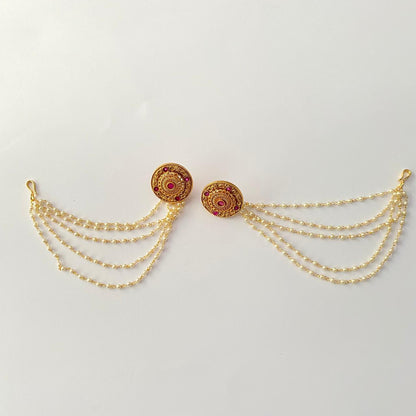 Gold Plated  Ruby Pearl four  layer Ear Chain Earring