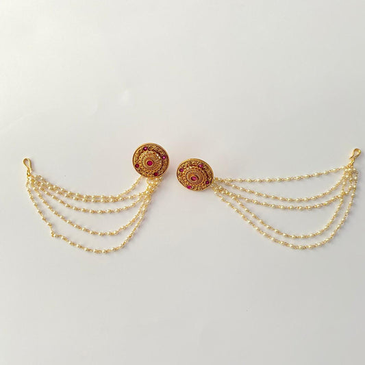 Gold Plated  Ruby Pearl four  layer Ear Chain Earring