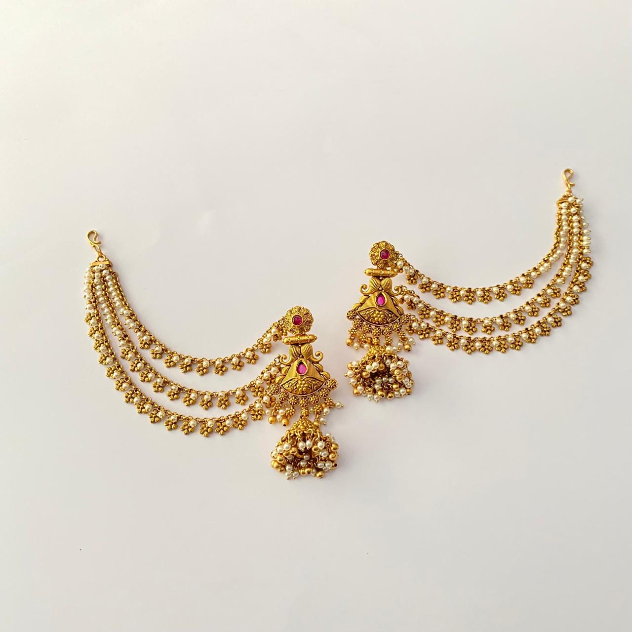 Antique Gold Ethnic Ruby  with pearl Kaan Chain Jhumka