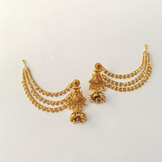 Antique Gold Ethnic Ruby  with pearl Kaan Chain Jhumka