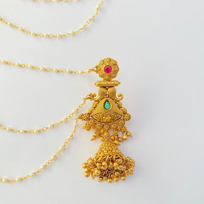 Antique Gold Ethnic Ruby Emerald with pearl kaan chain jhumka