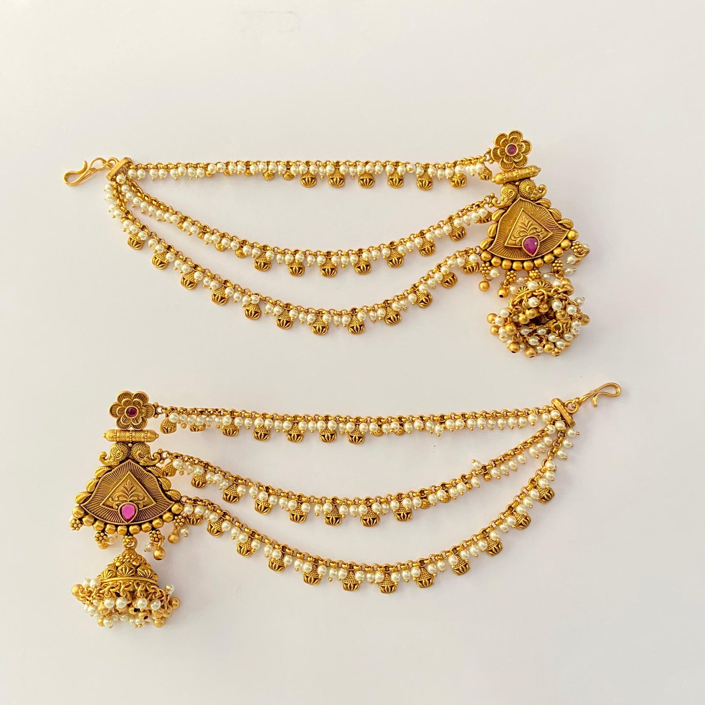 Antique Gold Ethnic Ruby with pearl kaan chain jhumka