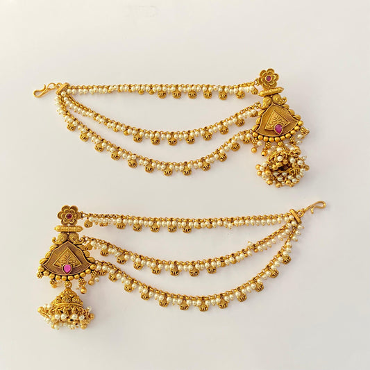 Antique Gold Ethnic Ruby with pearl kaan chain jhumka