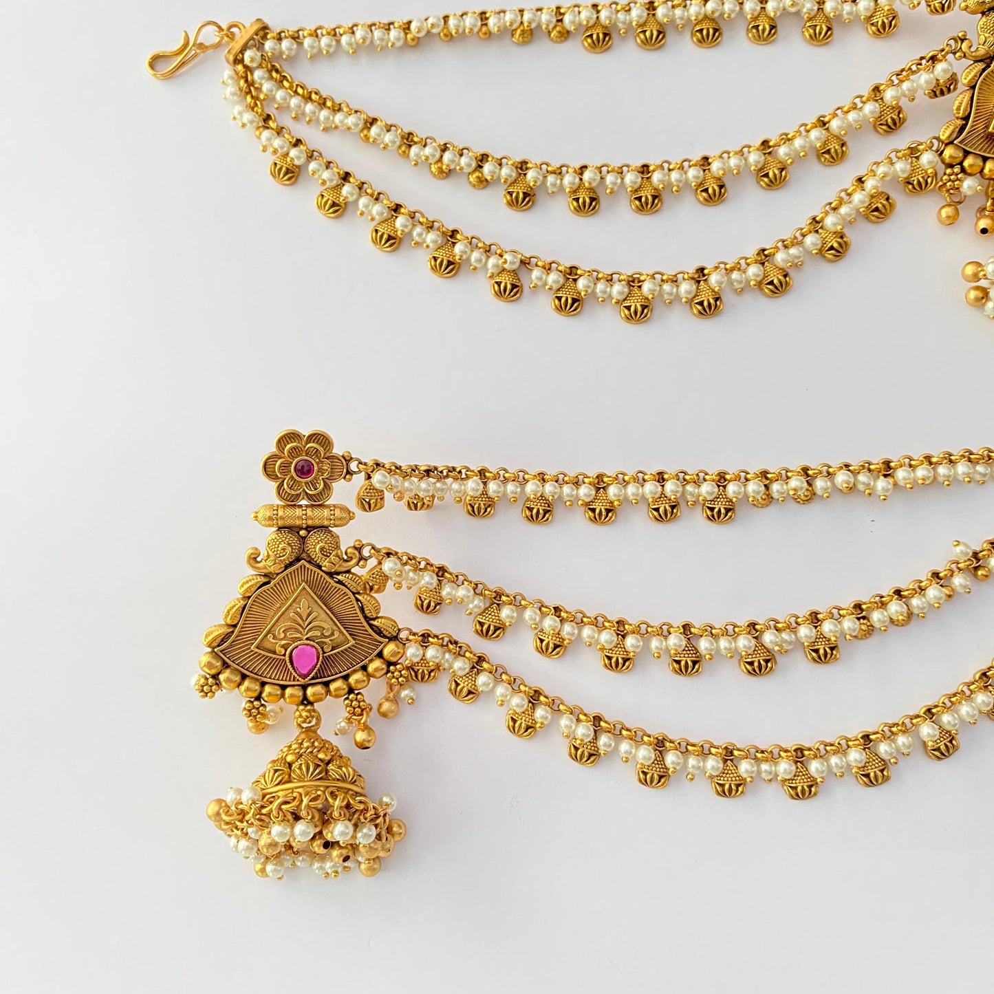 Antique Gold Ethnic Ruby with pearl kaan chain jhumka