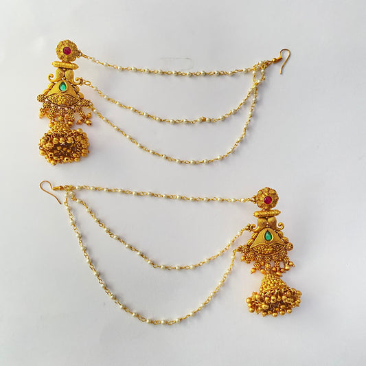 Antique Gold Ethnic Ruby Emerald with pearl kaan chain jhumka