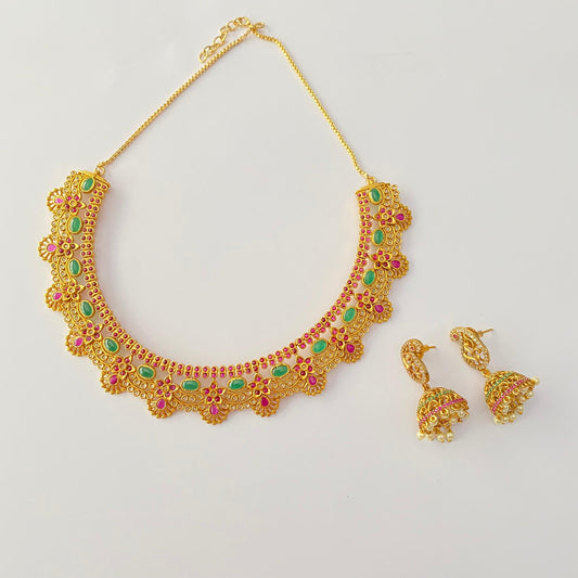 Gold Plated Ruby Emerald sleek necklace set