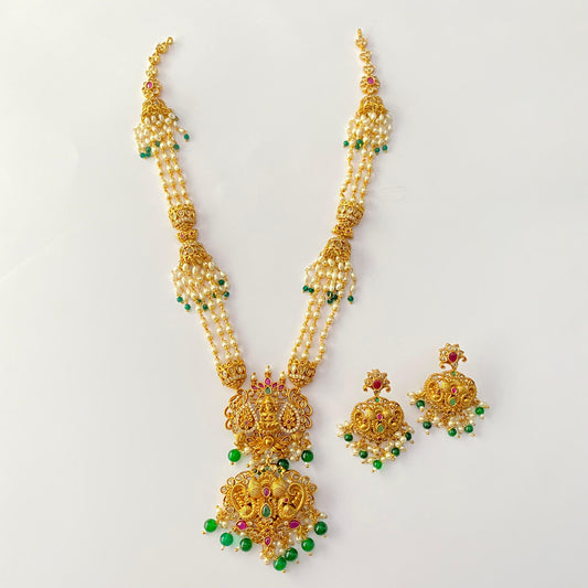 Laxmi Gold Plated Emerald Long Necklace set