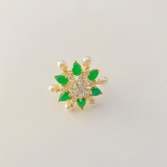 Floral Green Stone Gold Plated Adjustable Ring